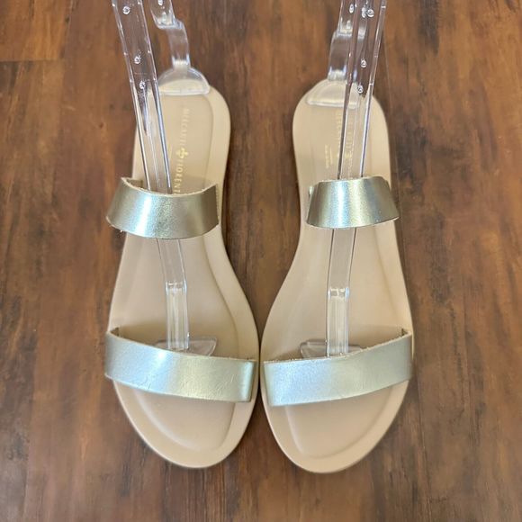 MERCANTI FIORENTINI Gold Leather Two Straps Slip-On Sandals Slides - Picture 2 of 9